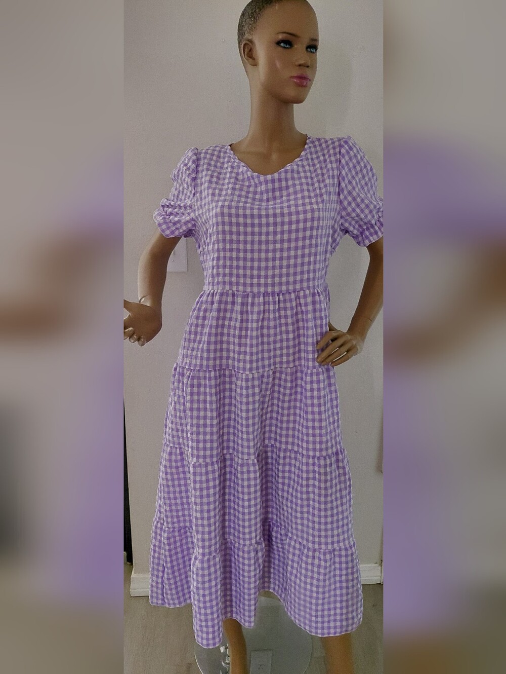 SHEIN Lavender Gingham Tiered Midi Dress